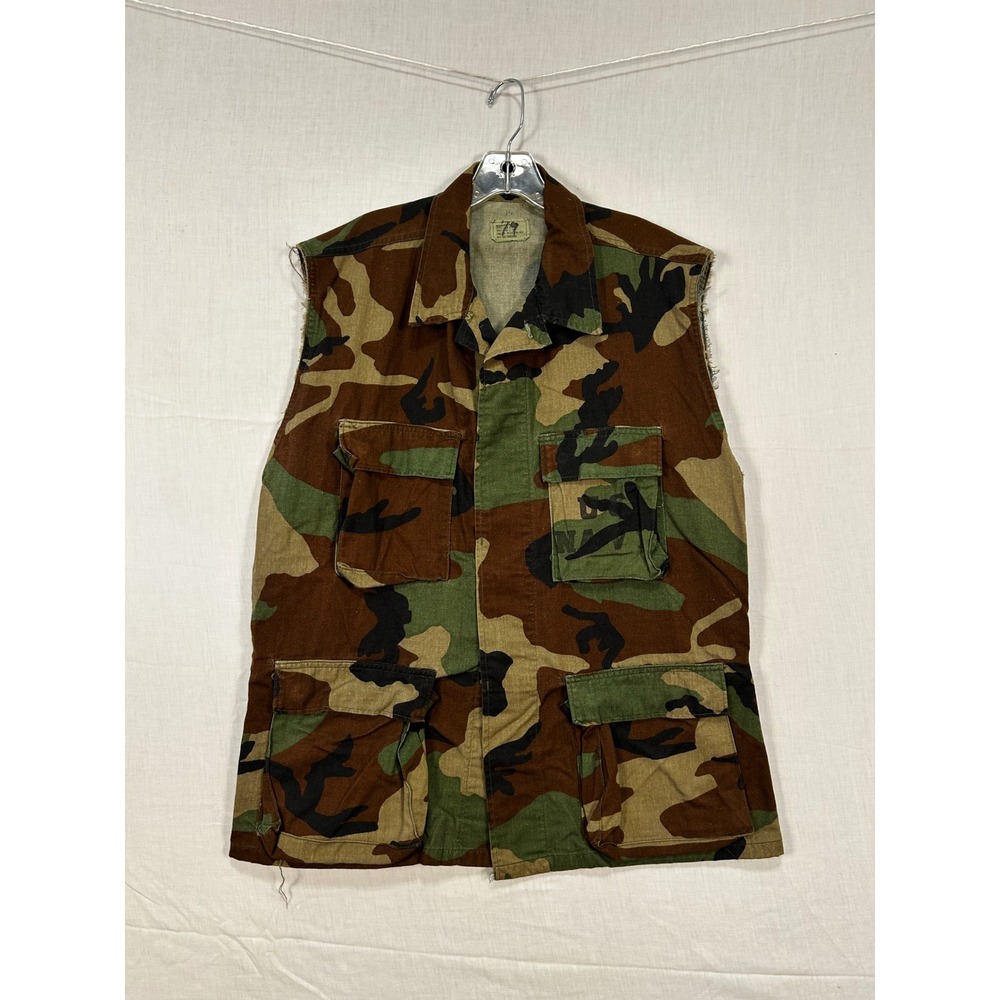Vintage US Military Woodland Camo BDU Vest Cut Off Field Shirt Medium Regular